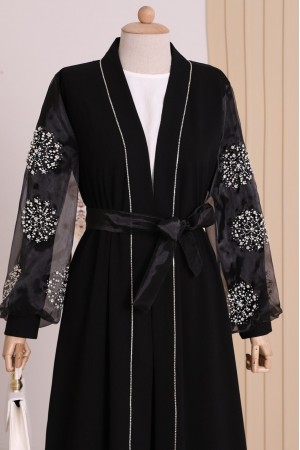 عباية حجاب بأحجار اللؤلؤ مع الأكمام -أسود