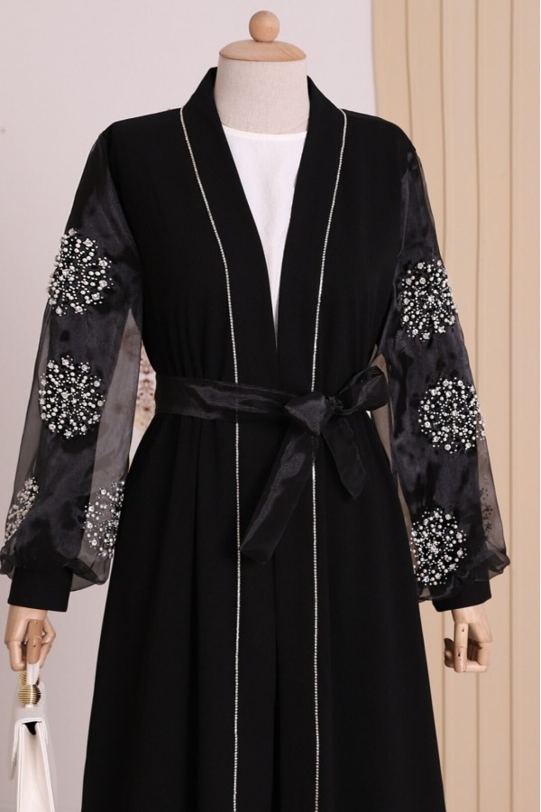 Pearl Stone Detailed Hijab Abaya with Sleeves -Black