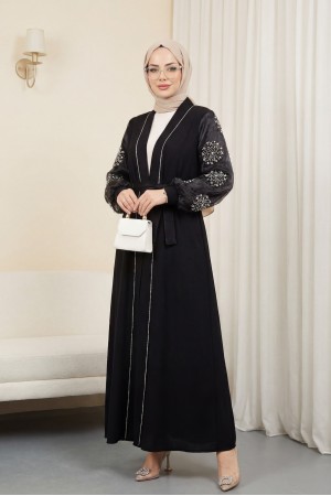 Kolları İnci Taş Detaylı Tesettür Abaya -Siyah