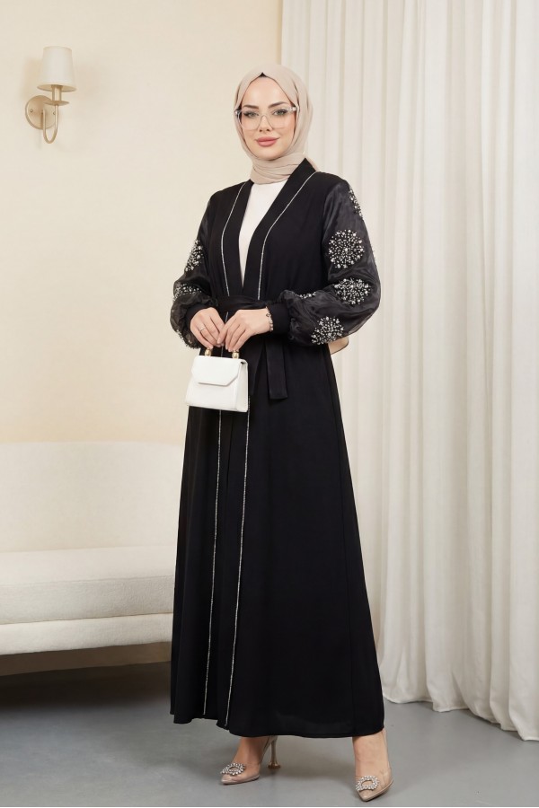Pearl Stone Detailed Hijab Abaya with Sleeves -Black