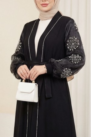 عباية حجاب بأحجار اللؤلؤ مع الأكمام -أسود