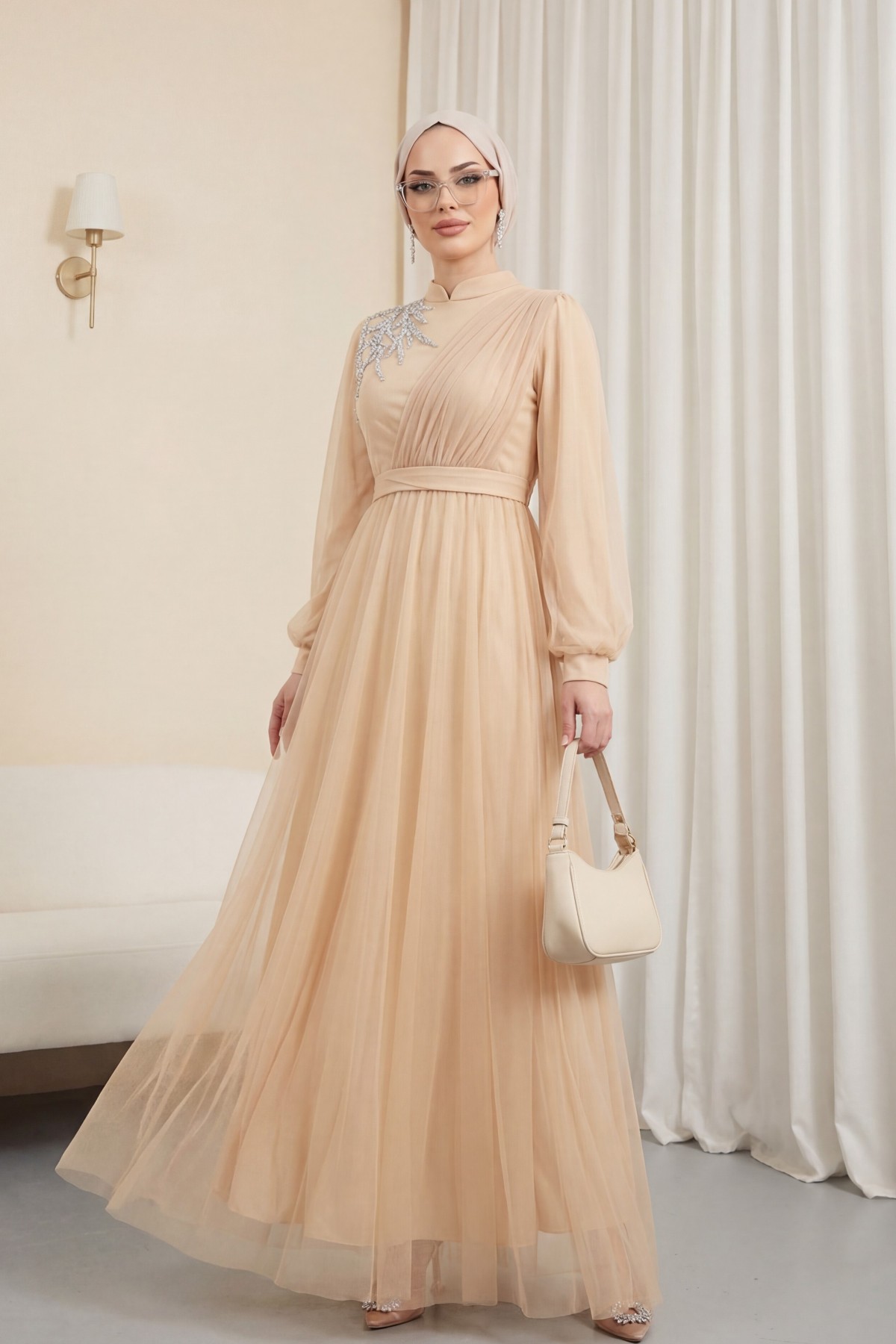 Stone Detailed Draped Belt Tulle Evening Dress    - Beige