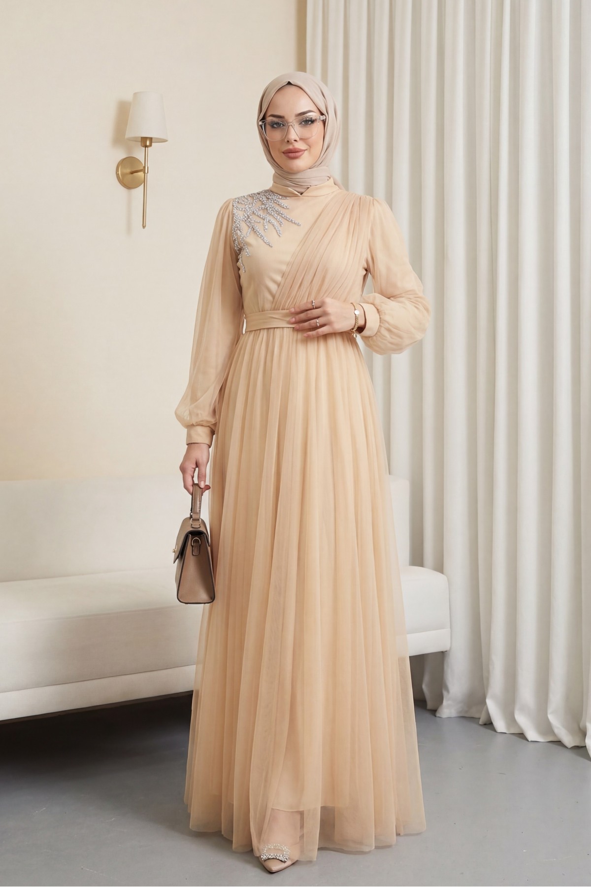 Stone Detailed Draped Belt Tulle Evening Dress    - Beige