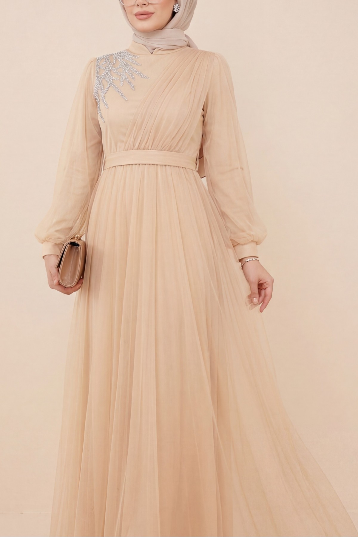 Stone Detailed Draped Belt Tulle Evening Dress    - Beige detay görseli