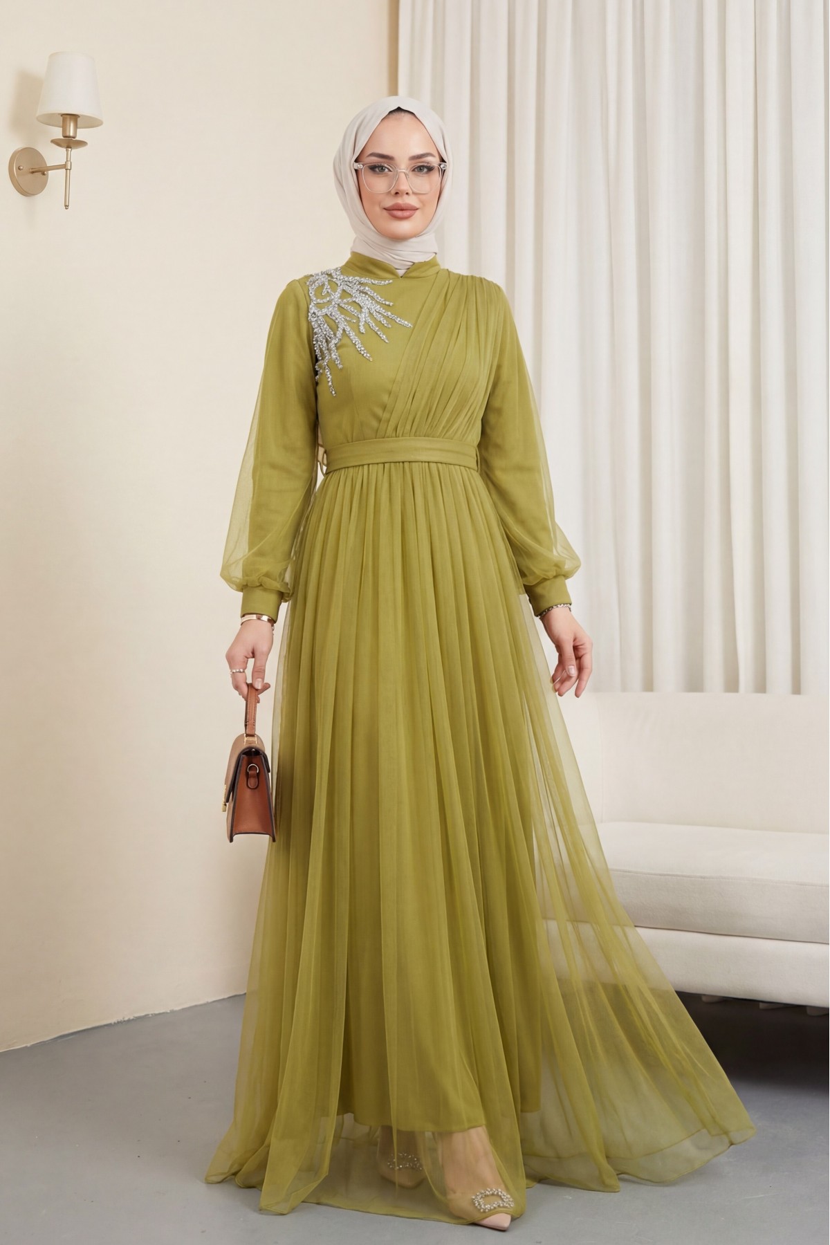 Stone Detailed Draped Belt Tulle Evening Dress    -Oil Green