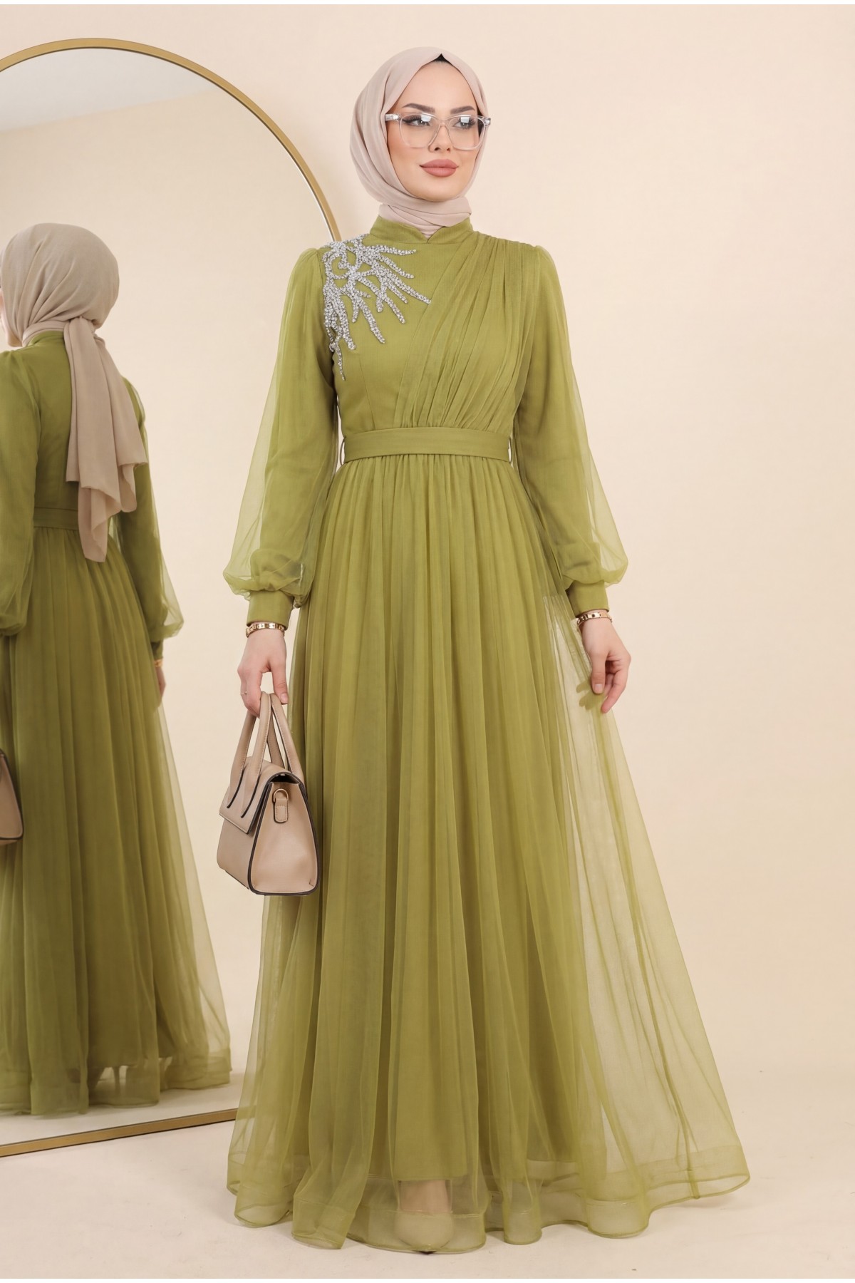 Stone Detailed Draped Belt Tulle Evening Dress    -Oil Green