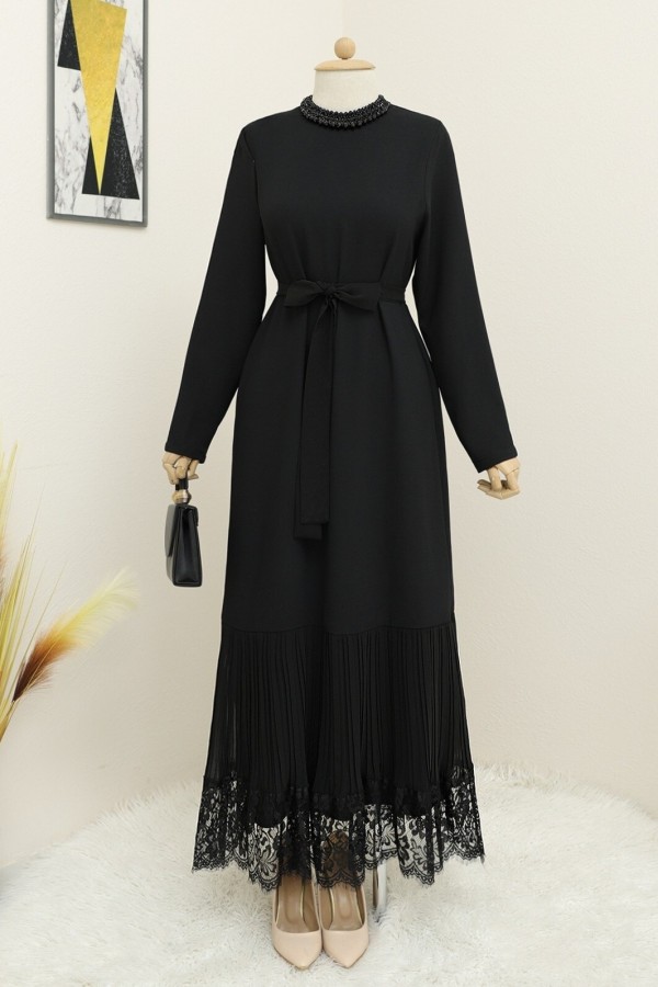 Belted Dress with Pleated Lace Skirt -Black