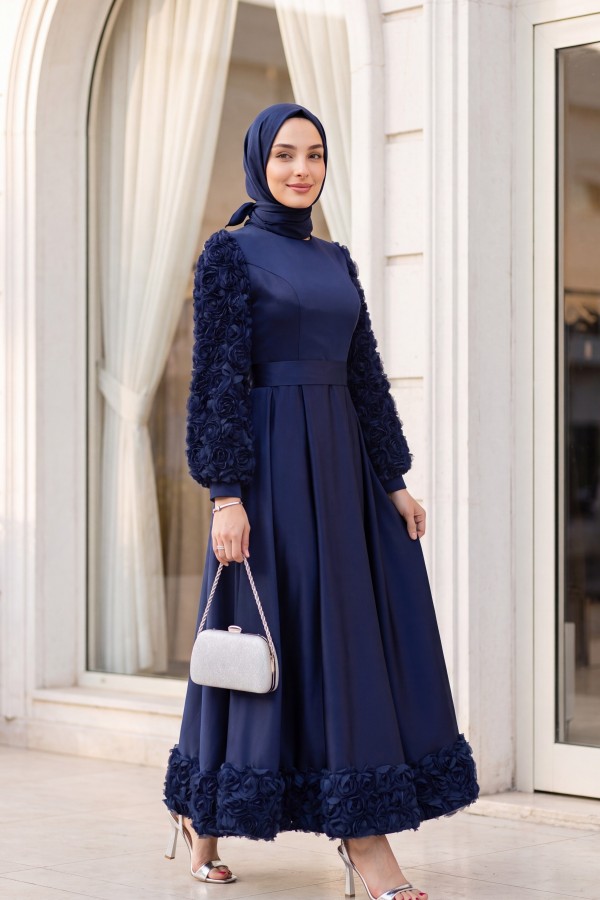 Satin Evening Dress with Rose Detail on Skirt and Sleeves -Navy blue