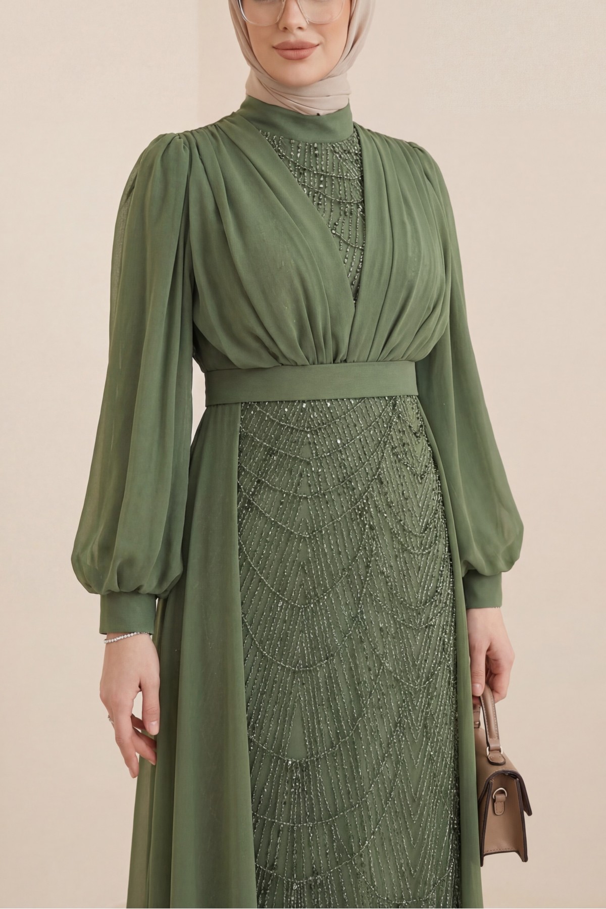 Beaded and Sequined Belted Chiffon Evening Dress -Khaki