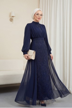 Boncuk Ve Pul Detaylı Kemerli Şifon Abiye -Laci