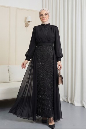 فستان سهرة شيفون مزين بالخرز والترتر مع حزام -أسود