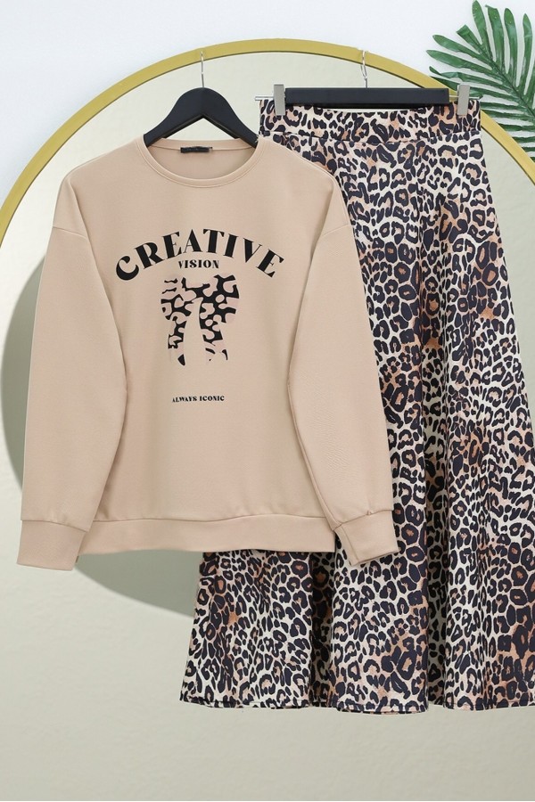 Round Neck Bow Printed Leopard Skirt Suit - Beige