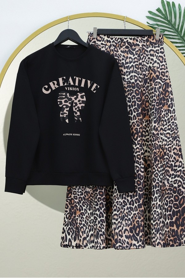 Round Neck Bow Printed Leopard Skirt Suit -Black