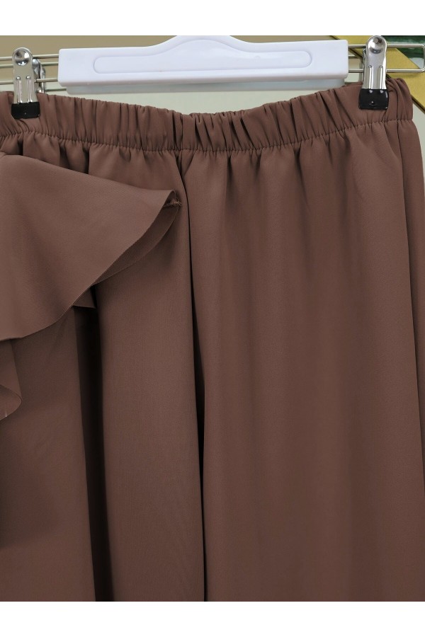 Button Detailed Stand Collar Ruffle Shoulder Scuba Suit  -Brown