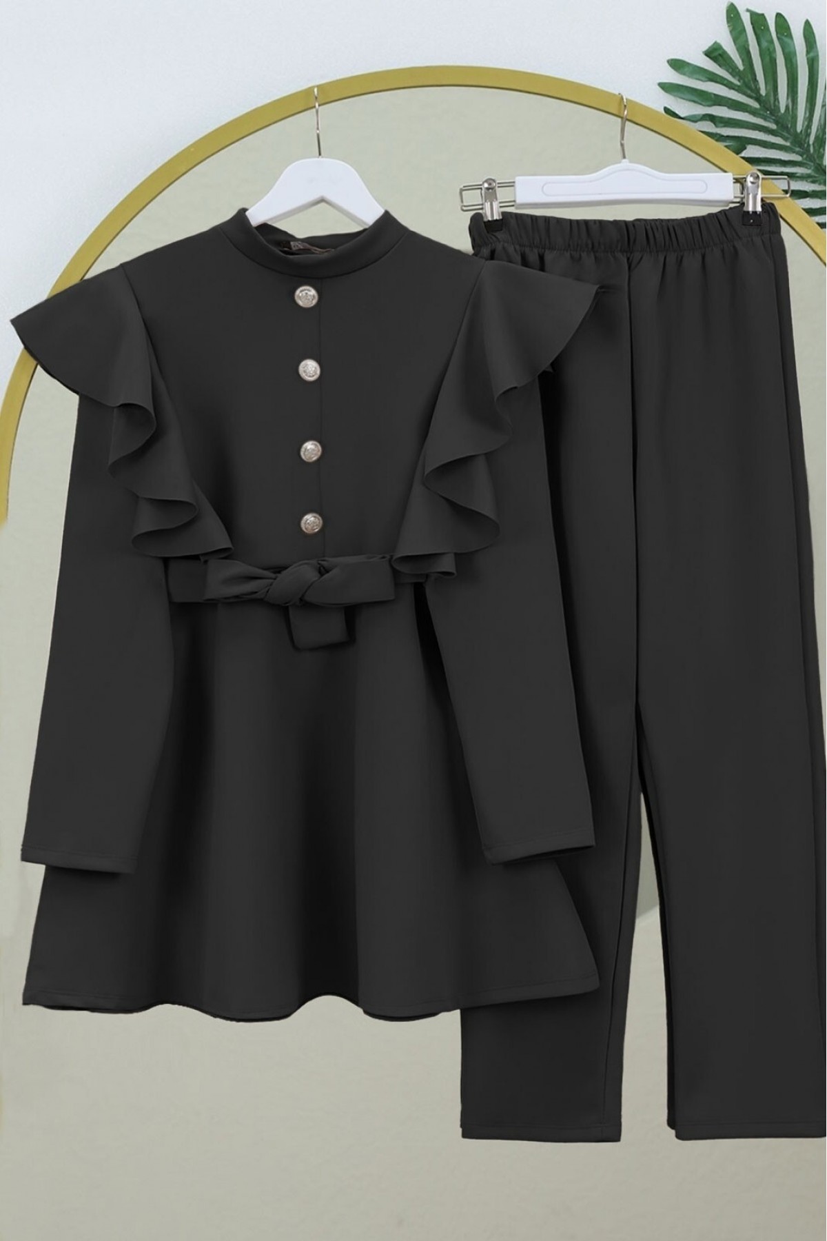 Button Detailed Stand Collar Ruffle Shoulder Scuba Suit  -Black