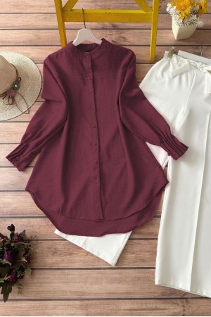 Kol Manşeti Drapeli Oval Kesim Gömlek       -Bordo
