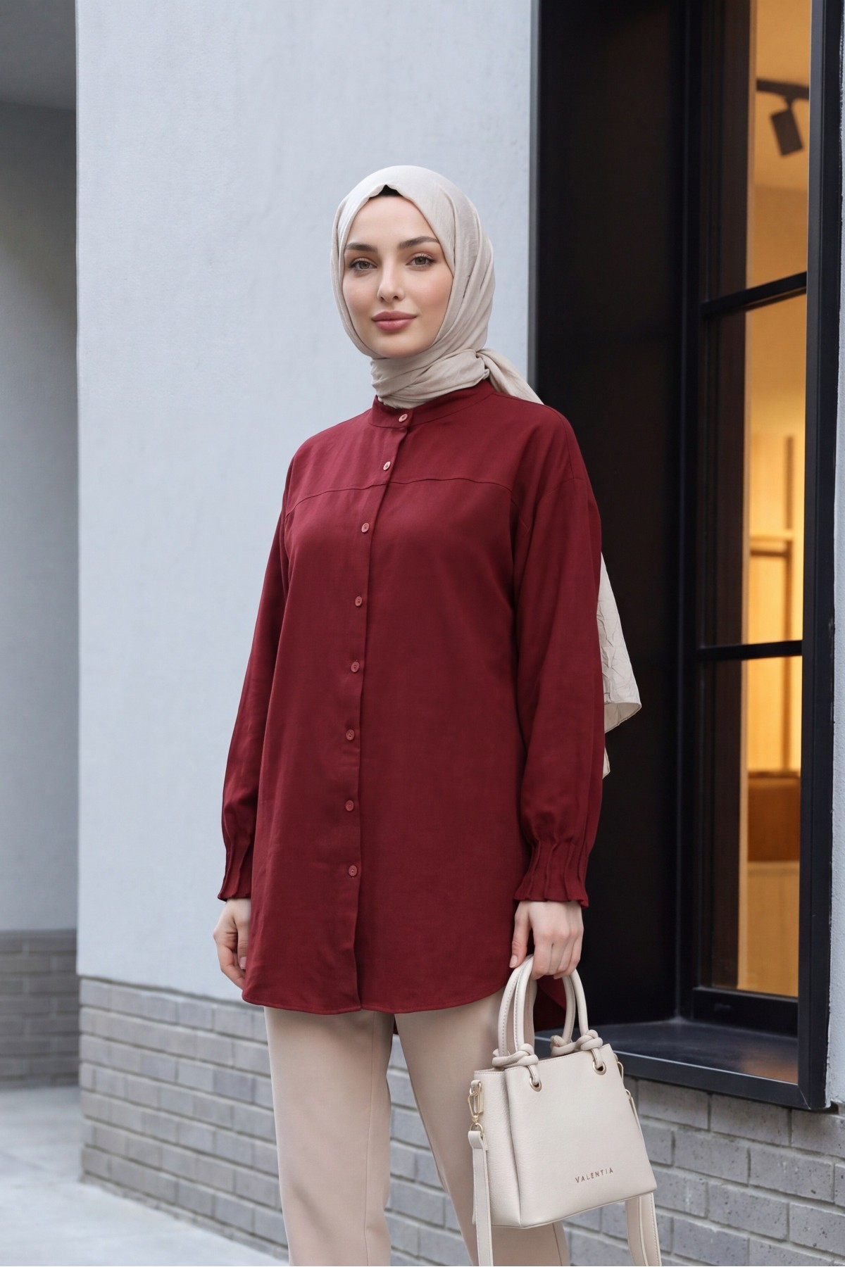 Sleeve Cuff Draped Oval Cut Shirt       -Maroon