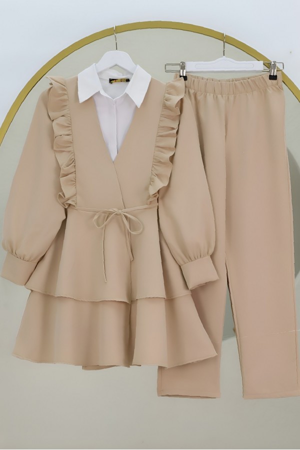 Kimono Set with Frilled Front Laced Skirt and Layered Trousers - Beige