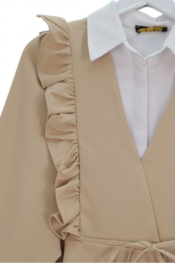 Kimono Set with Frilled Front Laced Skirt and Layered Trousers - Beige