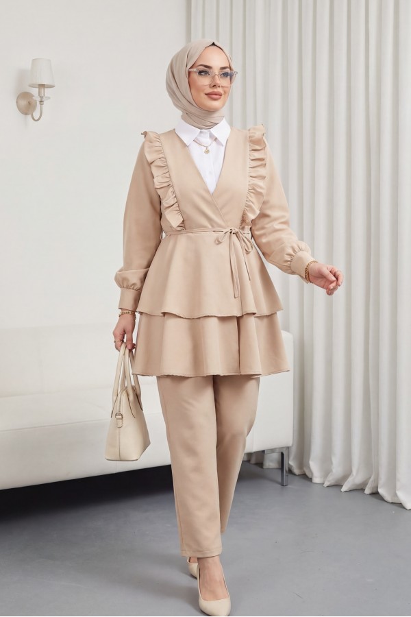 Önü Fırfırlı Bağcıklı Eteği Katlı Pantolonlu Kimono Takım -Bej