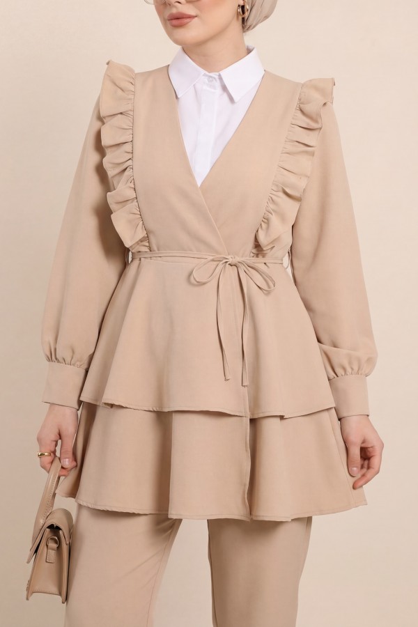 Kimono Set with Frilled Front Laced Skirt and Layered Trousers - Beige