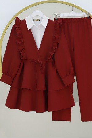 Kimono Set with Frilled Front Laced Skirt and Layered Trousers -Maroon