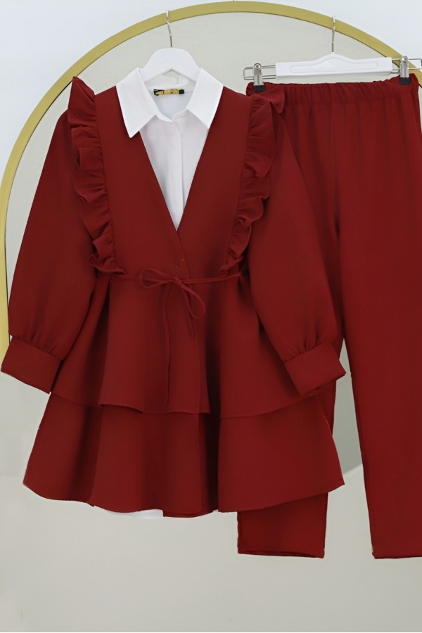 Önü Fırfırlı Bağcıklı Eteği Katlı Pantolonlu Kimono Takım -Bordo