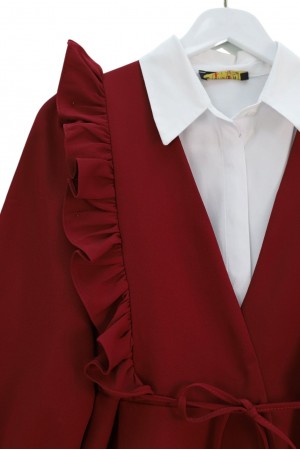 Kimono Set with Frilled Front Laced Skirt and Layered Trousers -Maroon