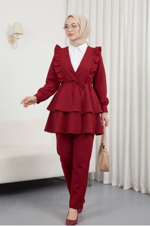 Önü Fırfırlı Bağcıklı Eteği Katlı Pantolonlu Kimono Takım -Bordo