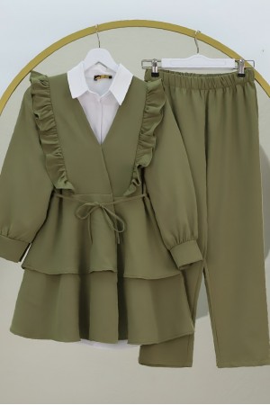 Kimono Set with Frilled Front Laced Skirt and Layered Trousers -Khaki