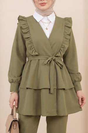 Önü Fırfırlı Bağcıklı Eteği Katlı Pantolonlu Kimono Takım -Haki