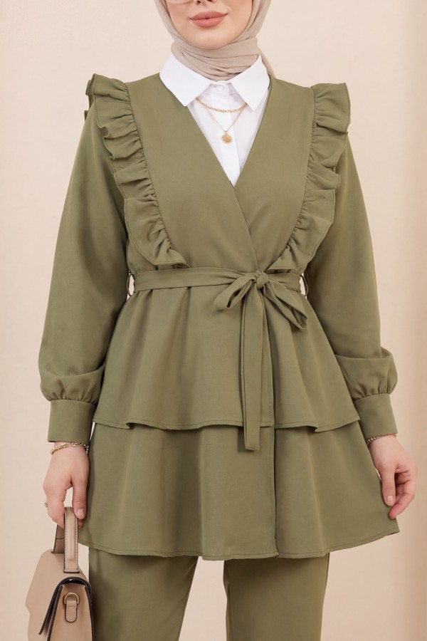 Önü Fırfırlı Bağcıklı Eteği Katlı Pantolonlu Kimono Takım -Haki