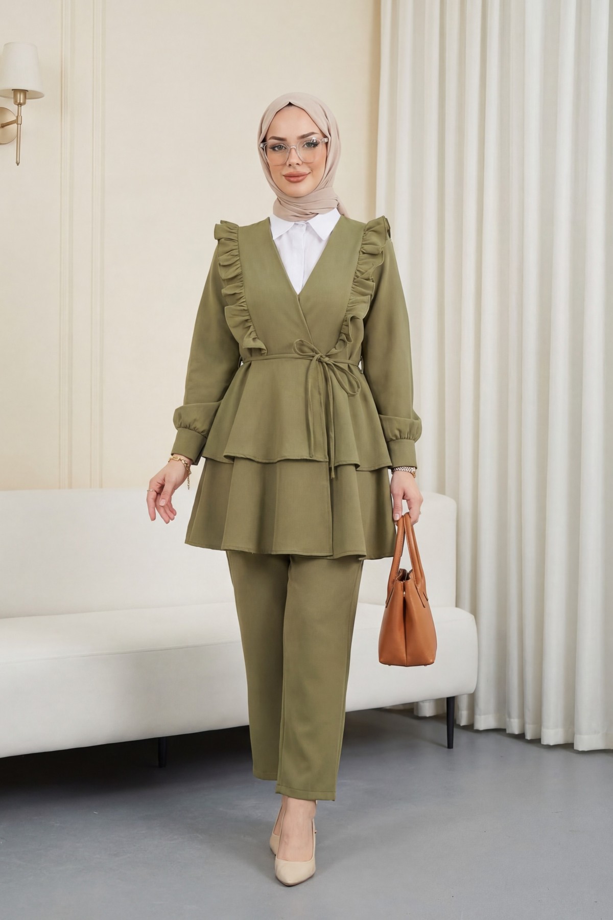Önü Fırfırlı Bağcıklı Eteği Katlı Pantolonlu Kimono Takım -Haki