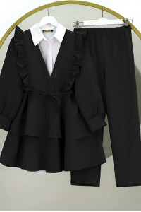 Önü Fırfırlı Bağcıklı Eteği Katlı Pantolonlu Kimono Takım -Siyah