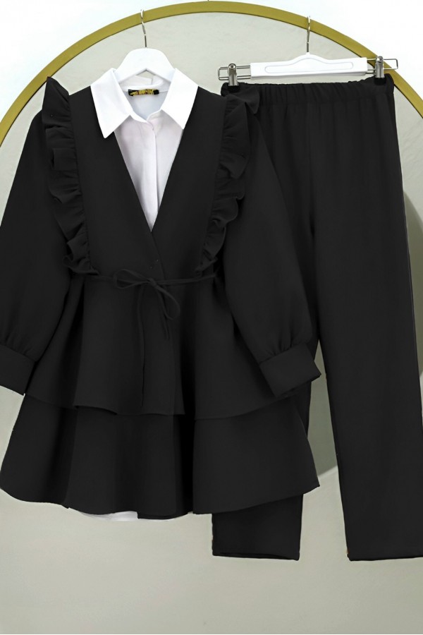 Kimono Set with Frilled Front Laced Skirt and Layered Trousers -Black