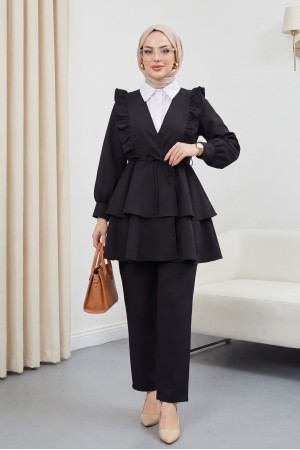 Önü Fırfırlı Bağcıklı Eteği Katlı Pantolonlu Kimono Takım -Siyah