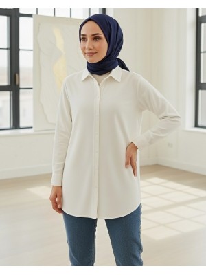 Düğmeli Oversize Düz Gömlek -Beyaz
