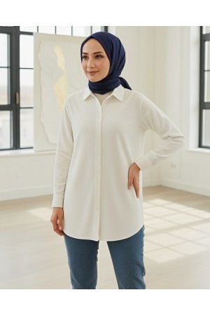 Düğmeli Oversize Düz Gömlek -Beyaz