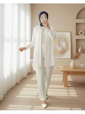 Düğmeli Oversize Düz Gömlek -Beyaz
