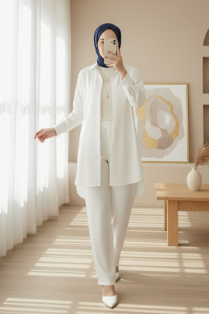 Düğmeli Oversize Düz Gömlek -Beyaz