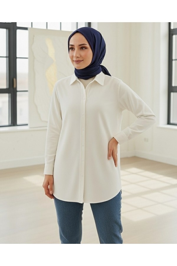 Düğmeli Oversize Düz Gömlek -Beyaz