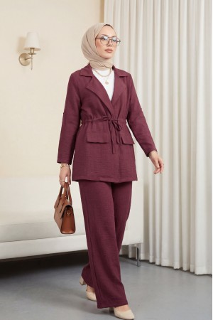 Kapaklı Tünel Köprülü Ceketli Keten Takım     -Bordo