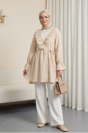 كيمونو مجعد مع ربطة أمامية مكشكشة -اللون البيج