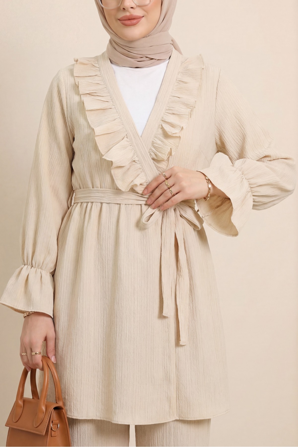Önü Fırfırlı Bağlamalı Krinkıl Kimono -Bej detay görseli
