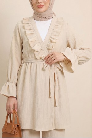 كيمونو مجعد مع ربطة أمامية مكشكشة -اللون البيج