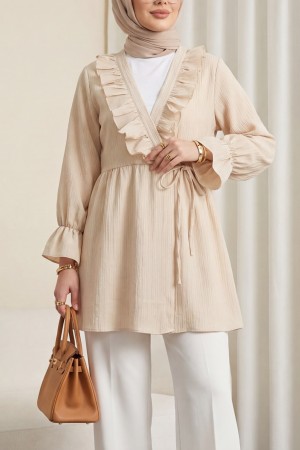 Önü Fırfırlı Bağlamalı Krinkıl Kimono -Bej