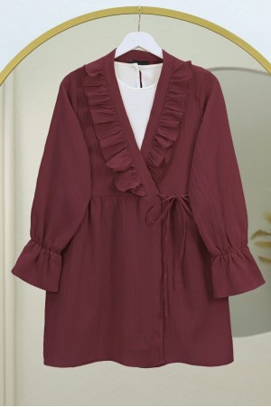 كيمونو مجعد مع ربطة أمامية مكشكشة -بوردو
