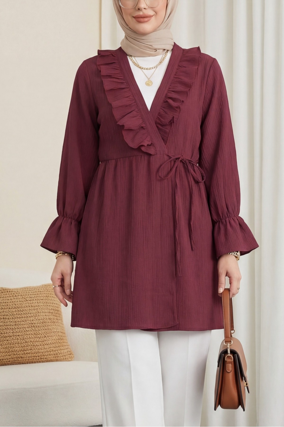 Crinkle Kimono with Ruffle Front Tie -Maroon