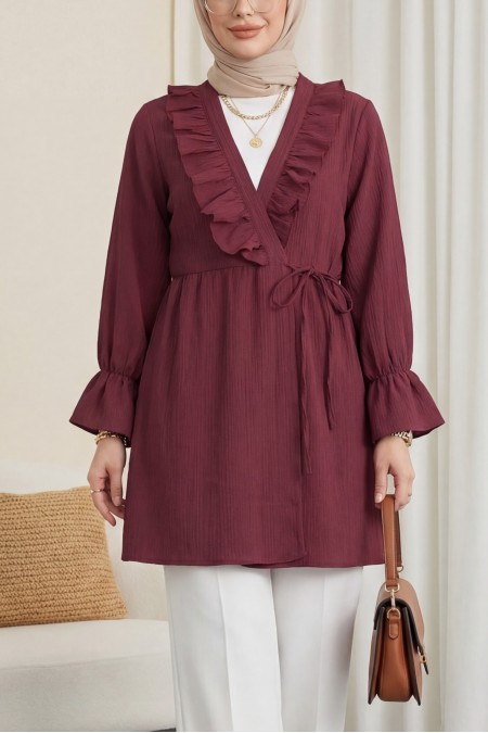 Önü Fırfırlı Bağlamalı Krinkıl Kimono -Bordo