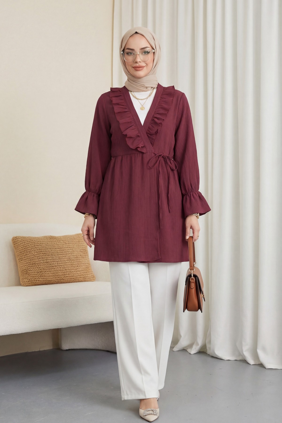 Crinkle Kimono with Ruffle Front Tie -Maroon
